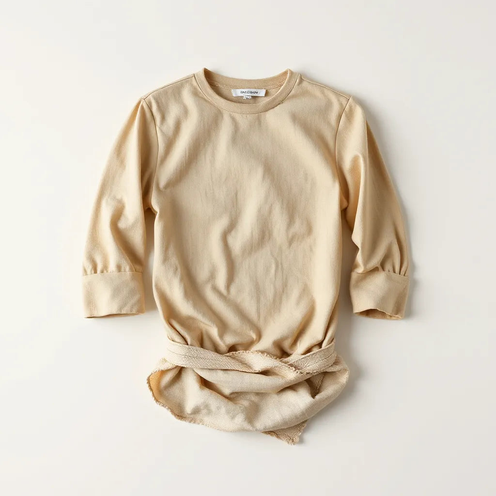 Neatly folded 3/4 sleeve shirt with visible mid-forearm length on a clean light background