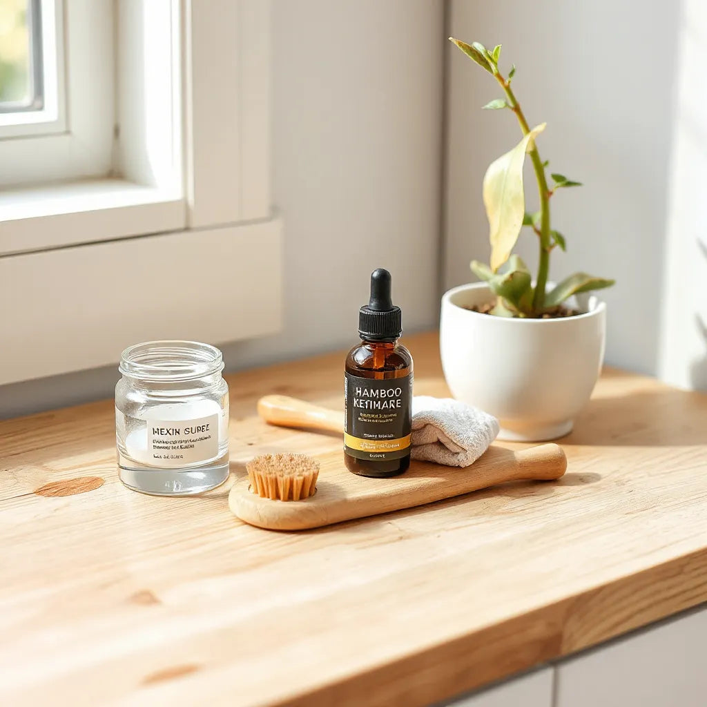 Minimalist vanity display of vegan skincare and haircare essentials with natural bottles and a plant