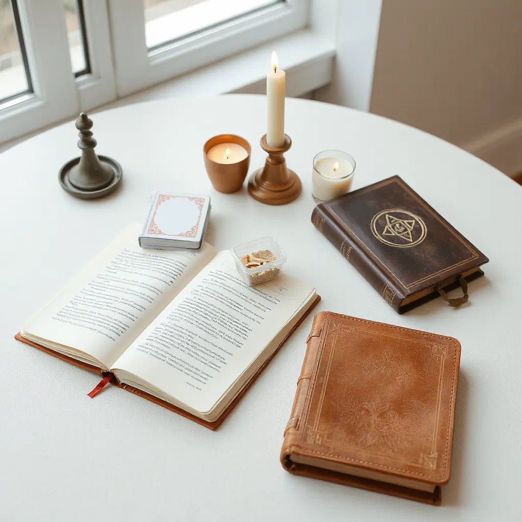 Open journal, candles, and simple ritual tools arranged neatly on a tabletop