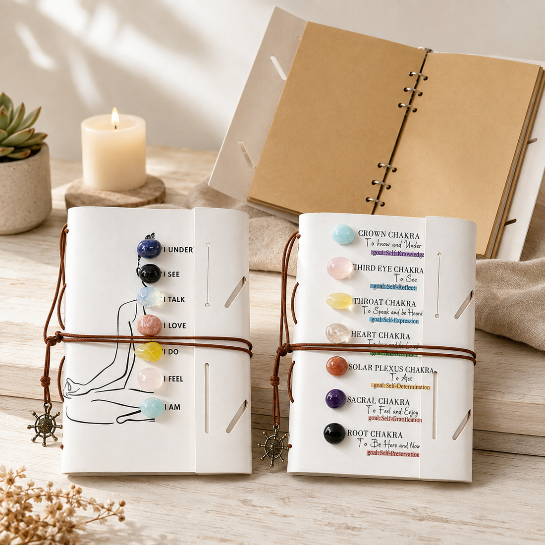 7 Chakra Crystal Journal combined with crystal healing practice showing journal beside crystal healing layout