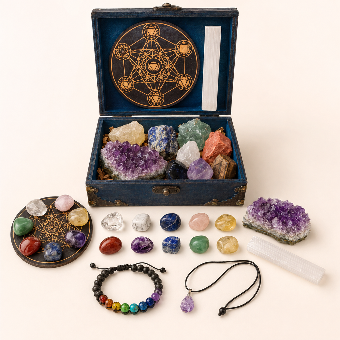 Metatron's Cube crystal grid board with tumbled stones arranged on center and circle points, activated crystal grid