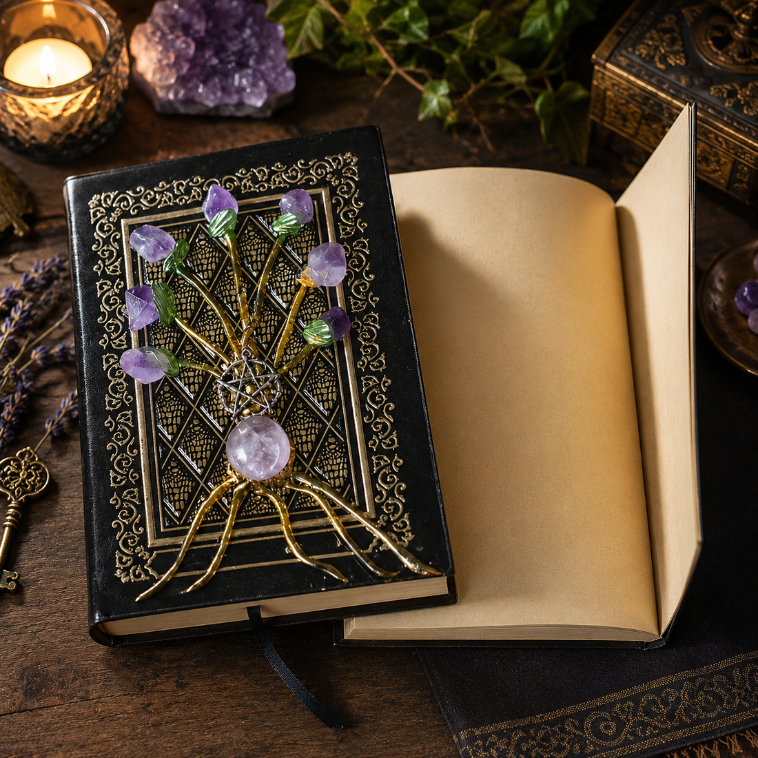 Amethyst Crystal Magic Journal for full moon grimoire practice charged in moonlight with crystal cover glowing