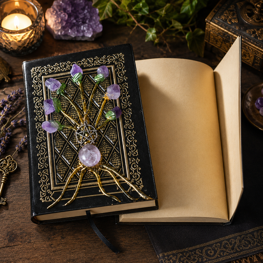 Close-up of 'Be love be dream' inscription etched on the base of the Amethyst Crystal Magic Journal cover