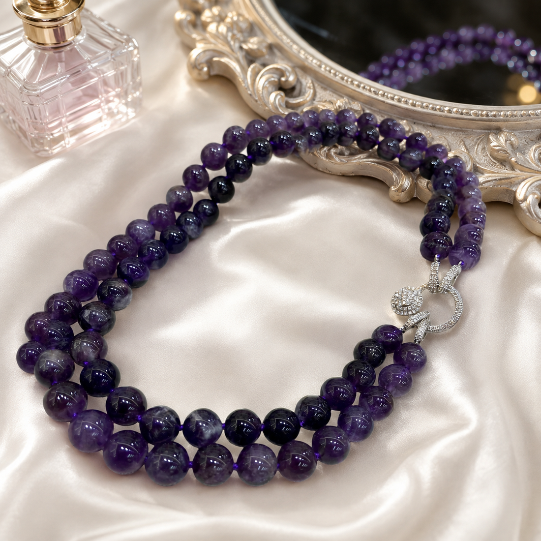 Amethyst necklace paired with complementary healing crystals, crystal jewelry combination