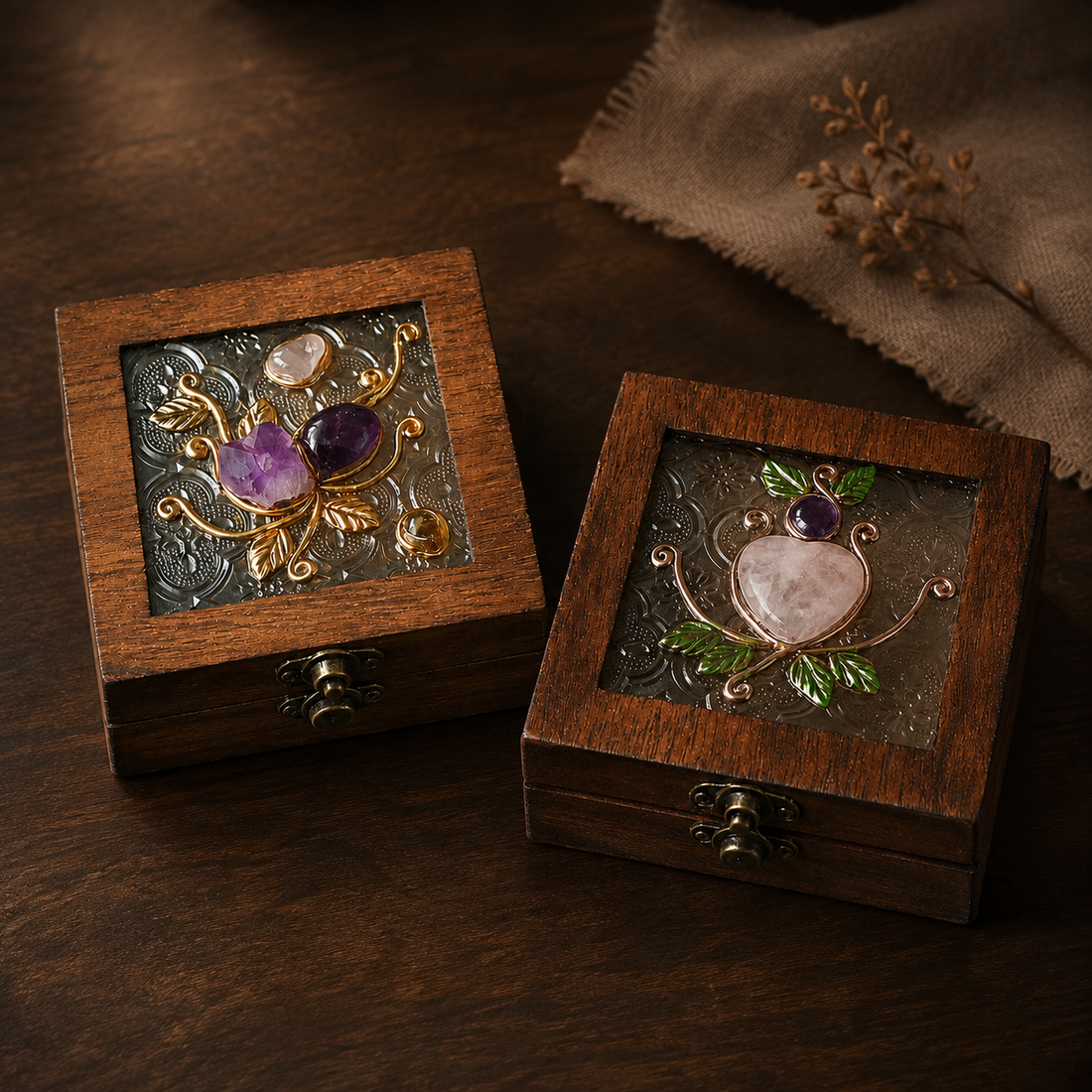 Rose quartz and amethyst crystal wooden jewelry boxes side by side comparison, which crystal is right for you