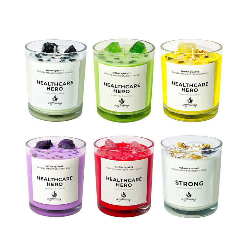 Rose and oud crystal soy candle with rose crystal chips for self-love ritual and heart chakra healing