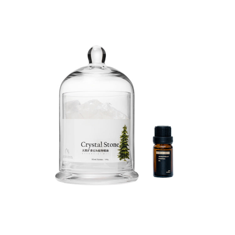 Crystal stone aromatherapy diffuser comparison with reed diffuser and candle, white edition glass bell jar