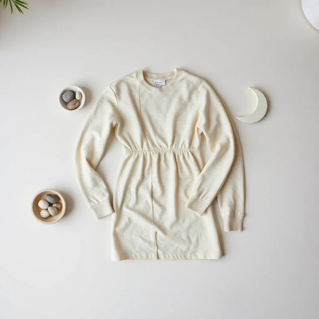 Neutrally styled moon-phase themed clothing with soft props on a clean flat-lay backdrop