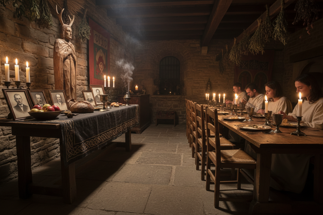 Samhain Altar: Pumpkins, Apples, and Ancestor Photos