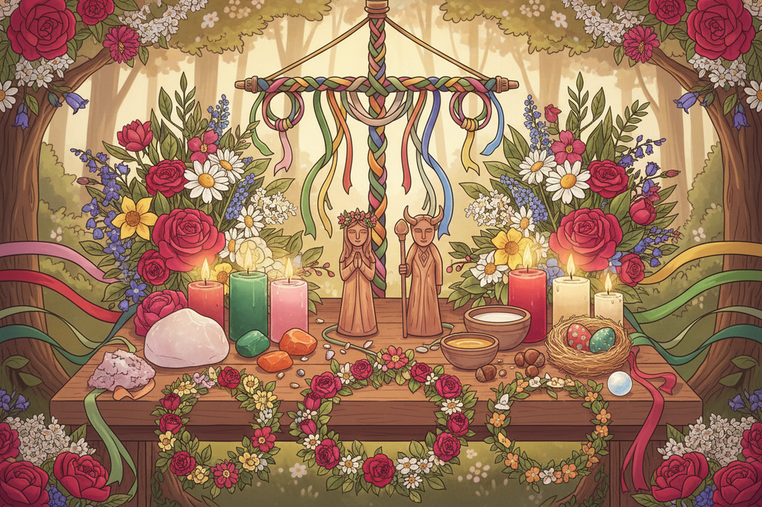 Beltane Altar: Flowers, Ribbons, and Fire Symbols - Nicole's ritual universe