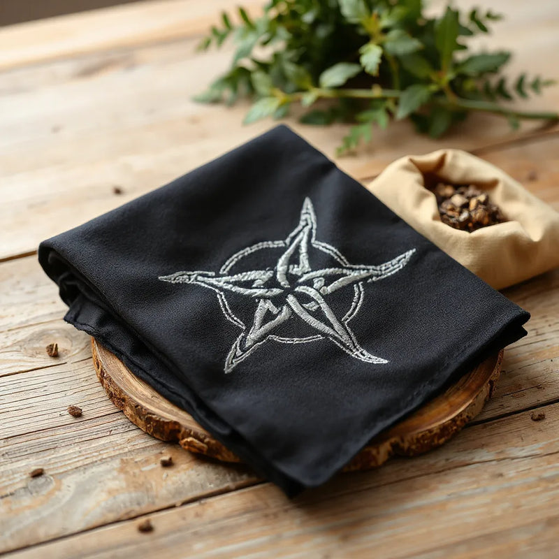 Dark bandana with subtle embroidered protective sigil resting on wood with soft warm lighting