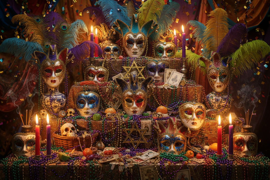 Carnival Altar: Masks, Beads, and Chaos Symbols - Nicole's ritual universe