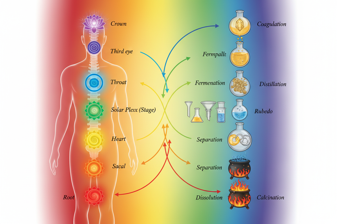 Chakras ↔ Alchemical Stages: Seven Centers, Seven Transformations - Nicole's ritual universe