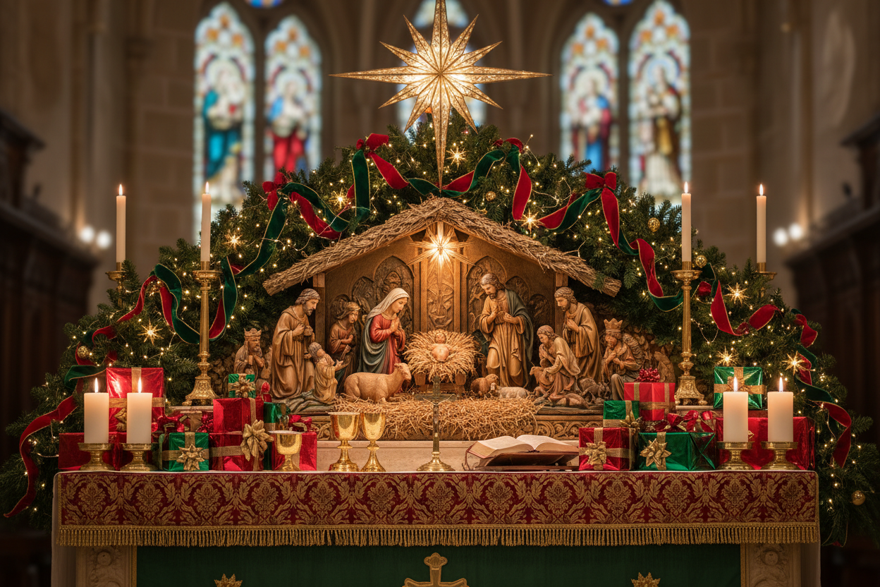 Christmas Altar: Nativity Scene, Evergreens, and Gift Symbols ...