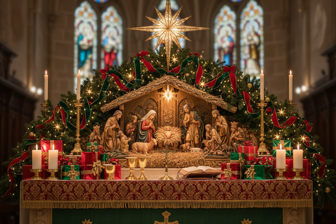 Christmas Altar: Nativity Scene, Evergreens, and Gift Symbols