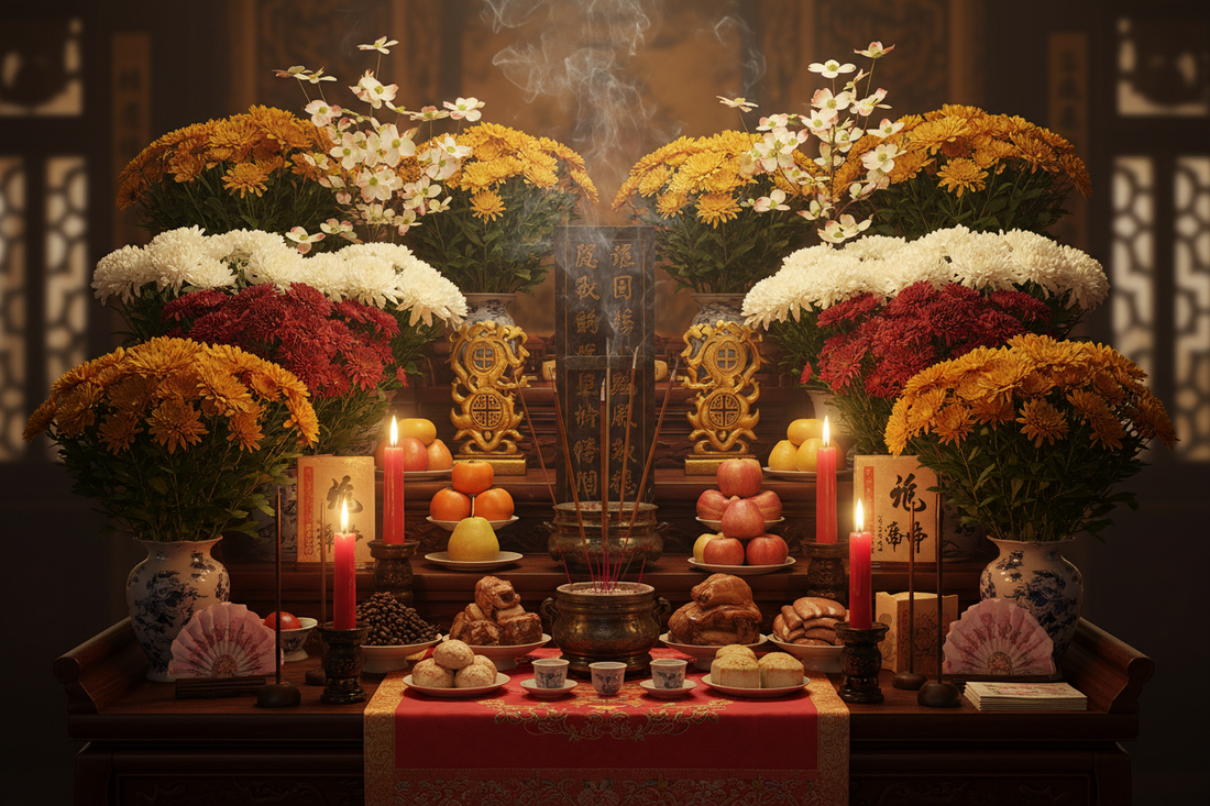 Double Ninth Altar: Chrysanthemums, Dogwood, and Ancestor Symbols