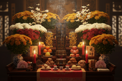 Double Ninth Altar: Chrysanthemums, Dogwood, and Ancestor Symbols