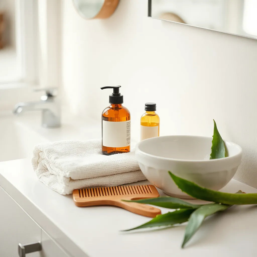 Organic hair care bottles, wooden comb, and fresh botanicals on a clean vanity