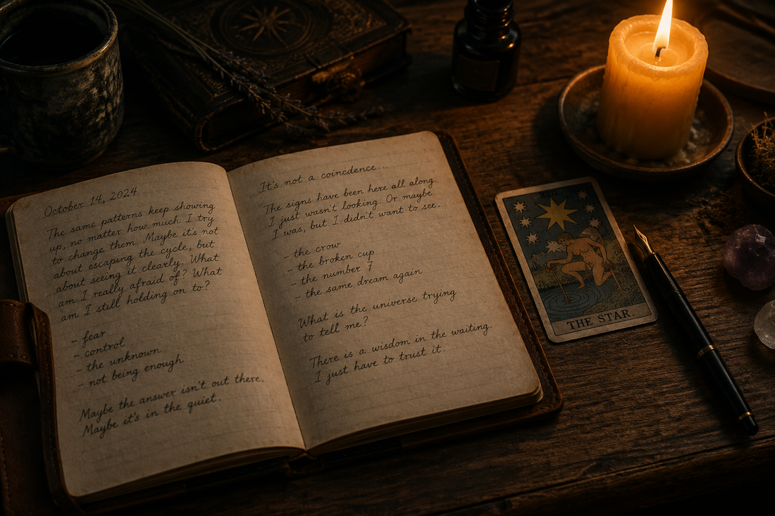 Sacred altar desk with open leather journal, handwritten notes, single tarot card, and lit candle