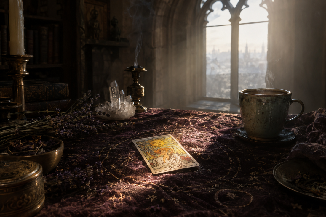 Sacred morning tarot reading altar at dawn with illuminated card and crystals