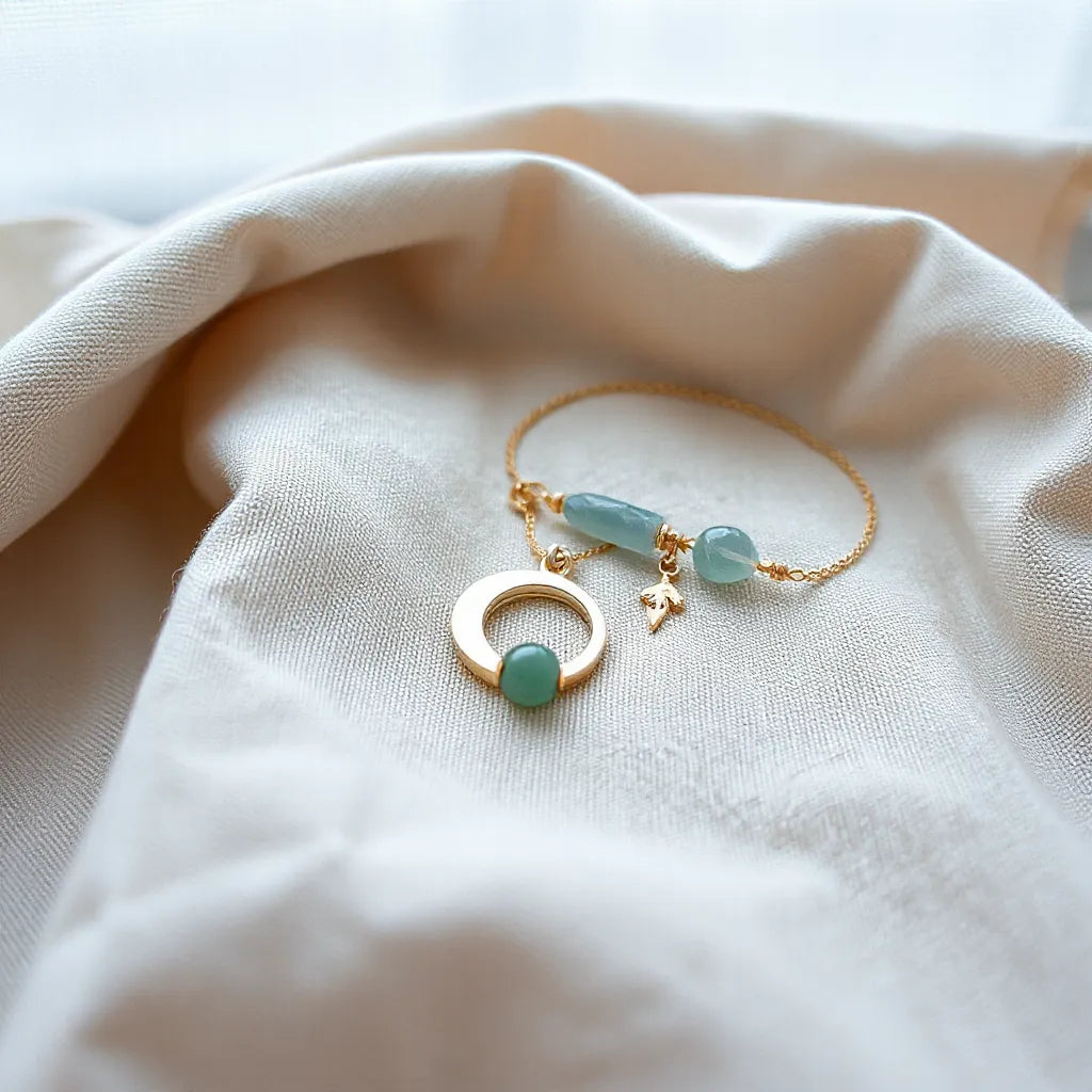 Crescent moon pendant necklace, crystal bracelet, and charm ring on linen with soft window light