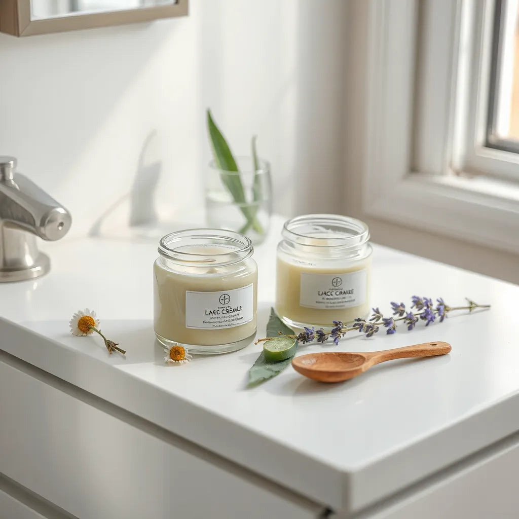 Small herbal face cream jars with chamomile and lavender on a clean vanity.