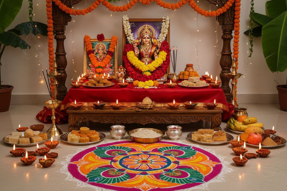 Diwali Altar: Diyas, Rangoli, and Lakshmi Symbols