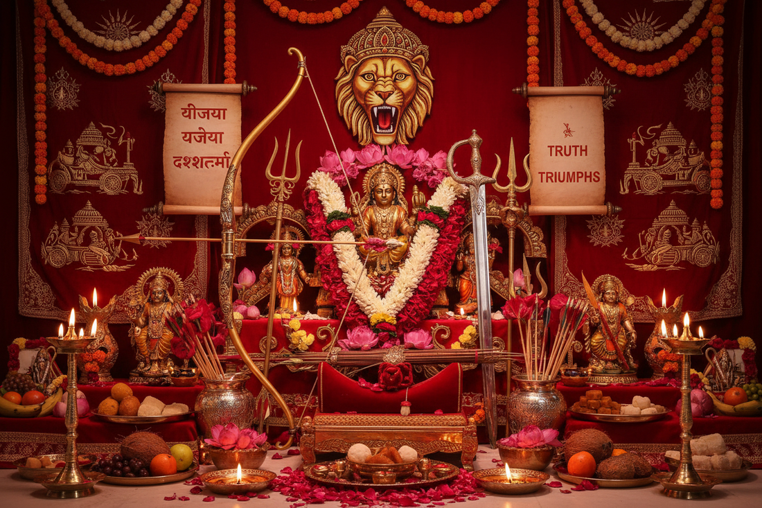 Dussehra Altar: Weapons, Flowers, and Victory Symbols