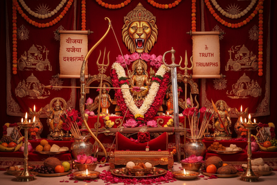 Dussehra Altar: Weapons, Flowers, and Victory Symbols