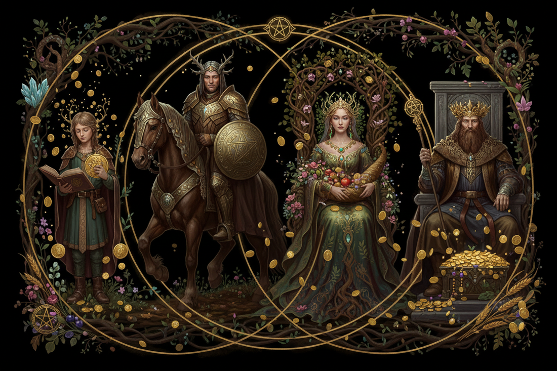 Earth Court Cards: Page/Knight/Queen/King of Pentacles