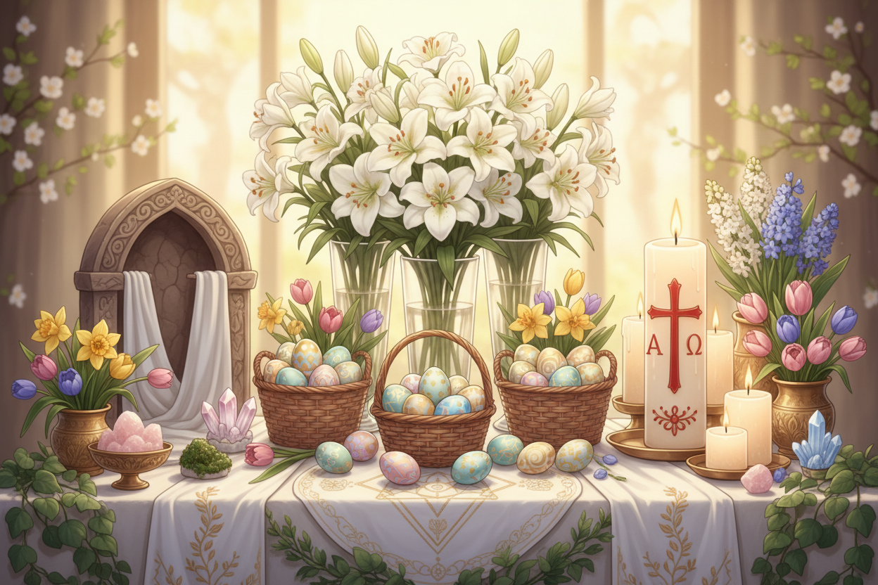 Easter Altar: Eggs, Lilies, and Resurrection Symbols - Nicole's ritual ...