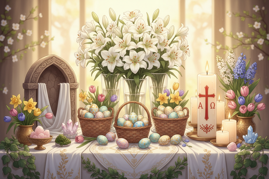 Easter Altar: Eggs, Lilies, and Resurrection Symbols
