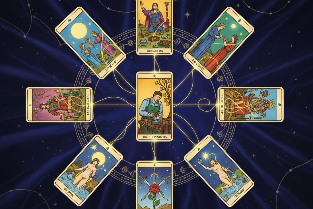 Eight of Pentacles Combinations: With Major & Minor Arcana