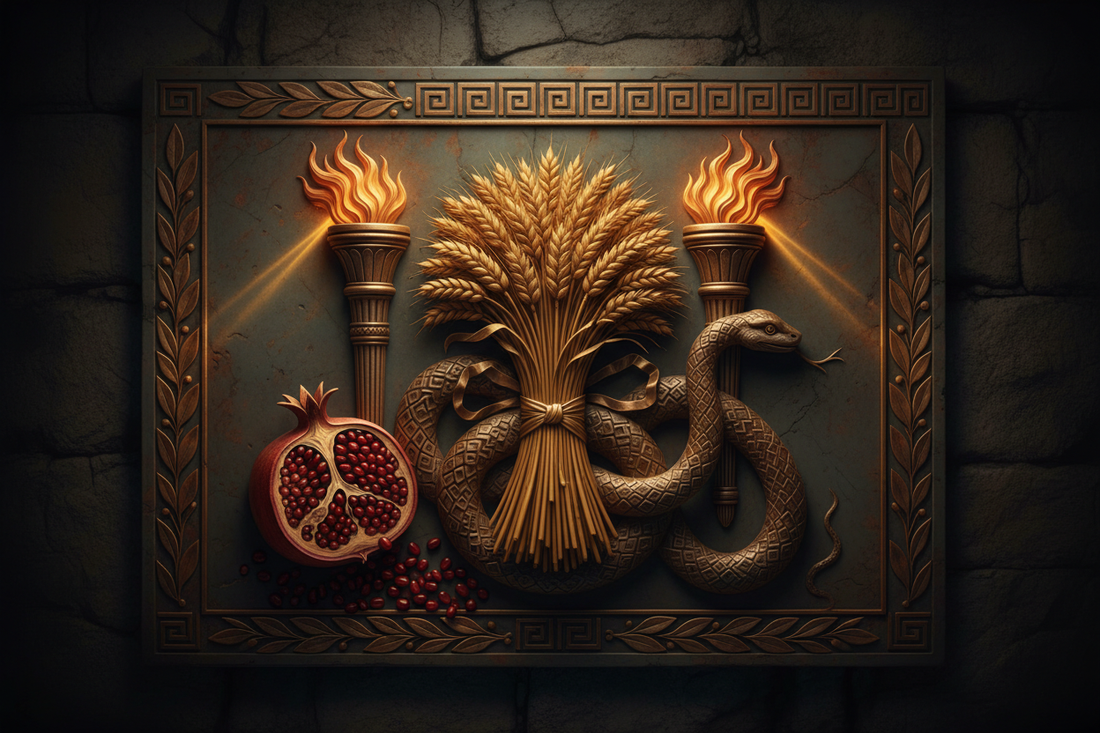 Eleusinian Symbols: Wheat, Torch, Serpent