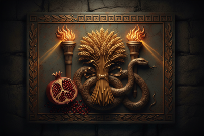Eleusinian Symbols: Wheat, Torch, Serpent