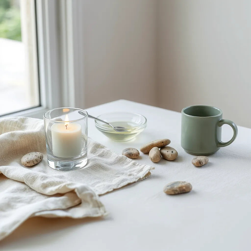 Candlelit tabletop with stones and linen cloth in soft morning light for calm inner routines