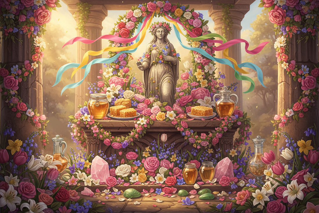 Floralia Altar: Fresh Flowers, Honey, and Flora Symbols - Nicole's ritual universe