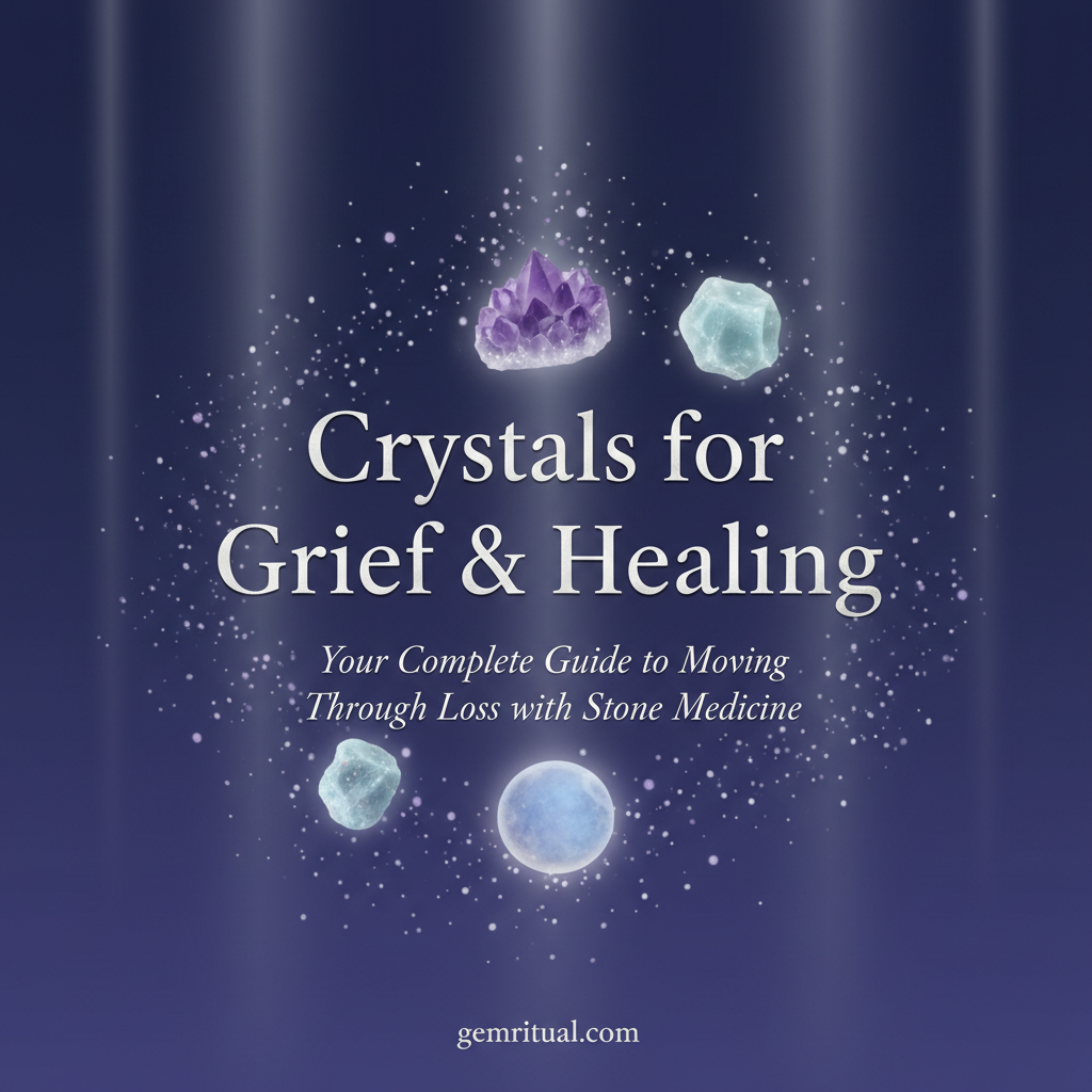 Crystals for grief and healing complete guide overview showing 12 crystal profiles 5 rituals and compassionate support for loss and bereavement