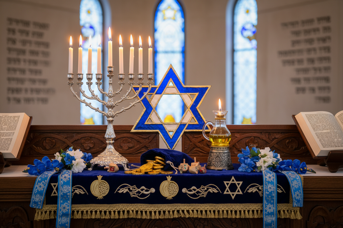Hanukkah Altar: Menorah, Dreidel, and Oil Symbols