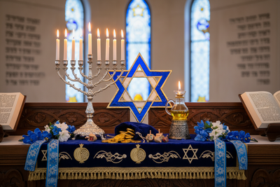 Hanukkah Altar: Menorah, Dreidel, and Oil Symbols