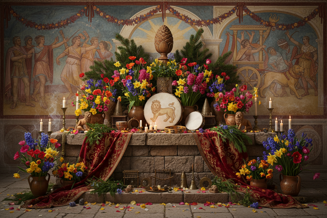 Hilaria Altar: Flowers, Drums, and Cybele Symbols - Nicole's ritual universe