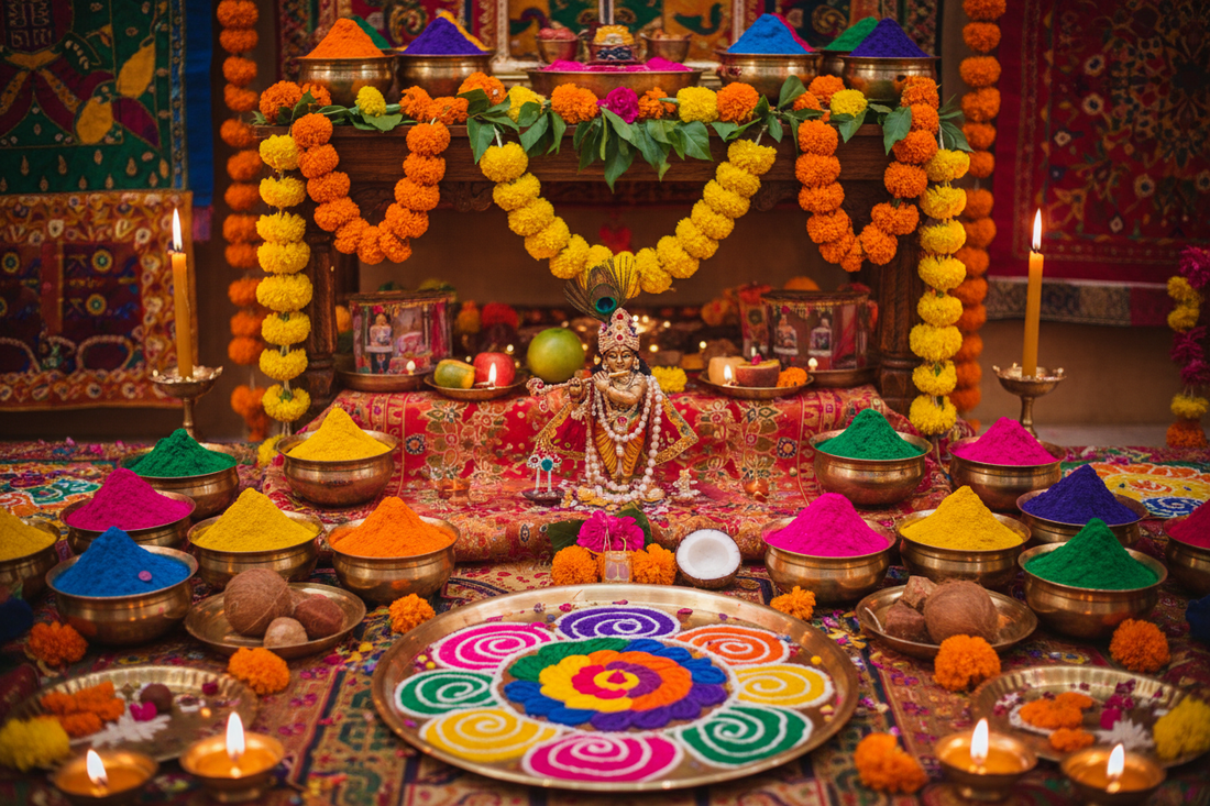 Holi Altar: Colored Powders, Flowers, and Krishna Symbols - Nicole's ritual universe