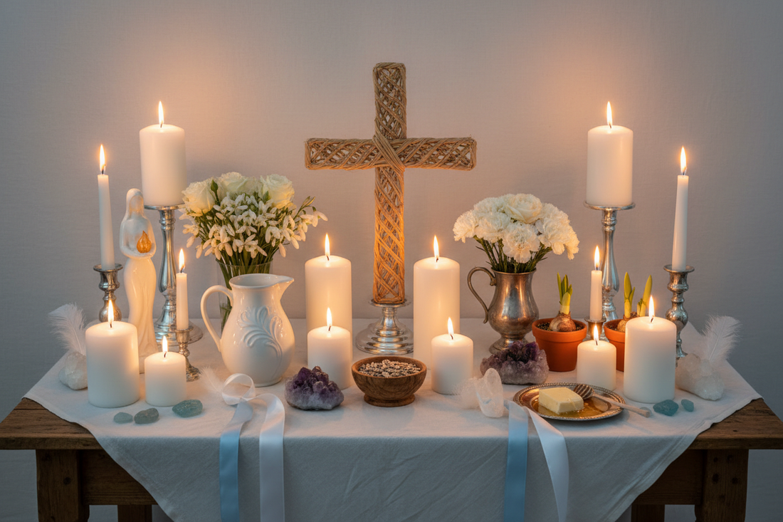 Imbolc Altar Setup: Candles & White Flowers