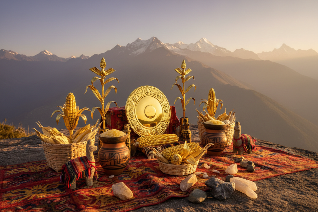 Inti Raymi Altar: Gold, Corn, and Inti Symbols - Nicole's ritual universe