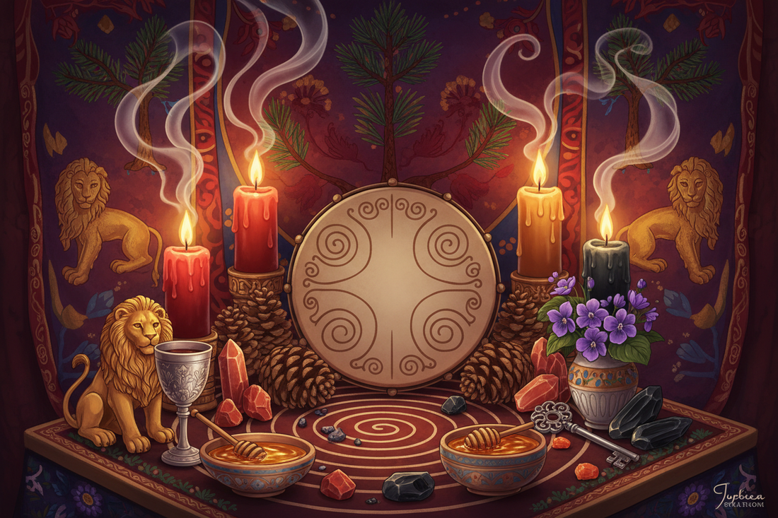 Megalesia Altar: Drums, Pine Cones, and Cybele Symbols - Nicole's ritual universe