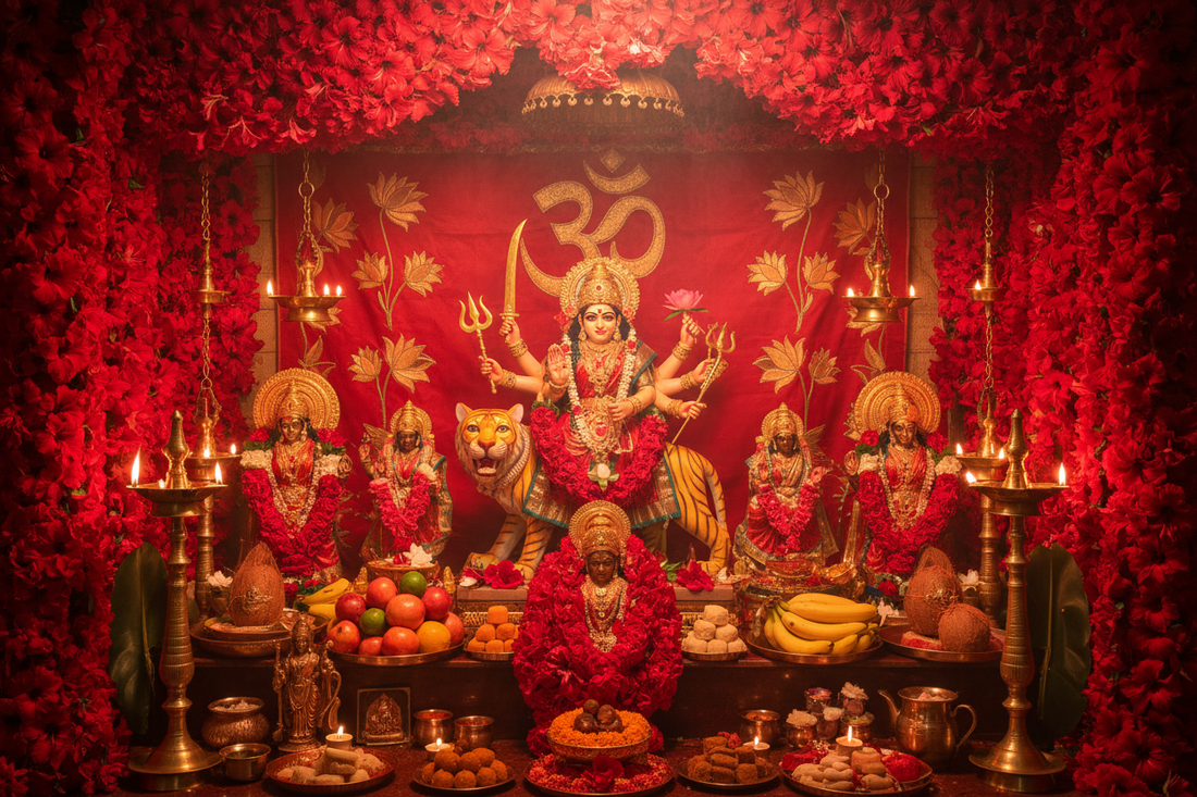 Navaratri Altar: Red Flowers, Weapons, and Durga Symbols - Nicole's ritual universe