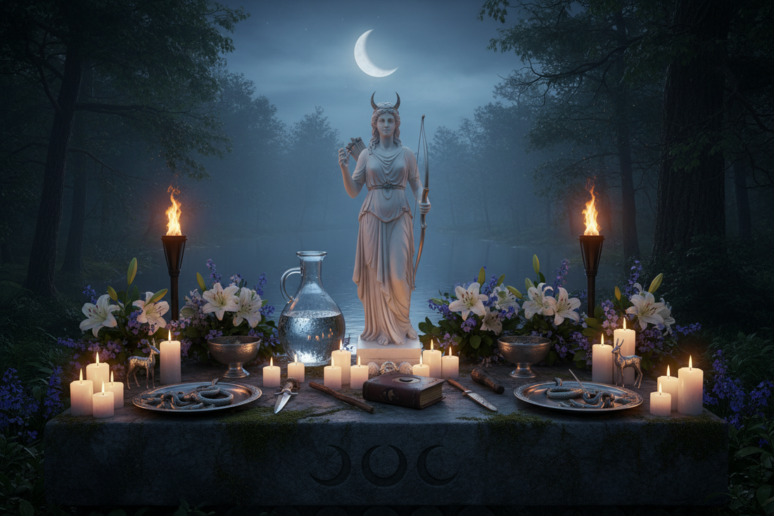 Nemoralia Altar: Torches, Lake Water, and Diana Symbols - Nicole's ritual universe