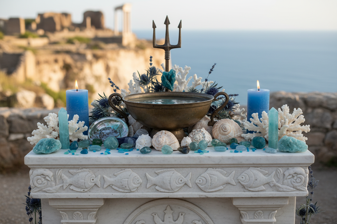 Neptunalia Altar: Seashells, Water, and Neptune Symbols