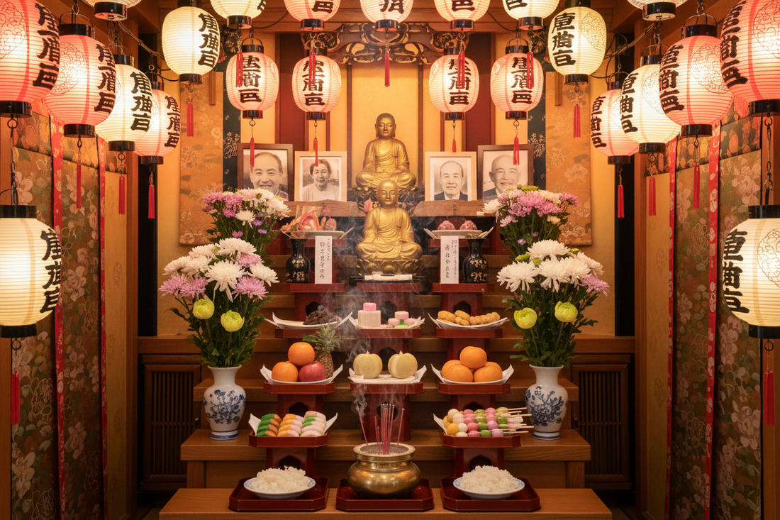Obon Altar: Lanterns, Food Offerings, and Ancestor Photos