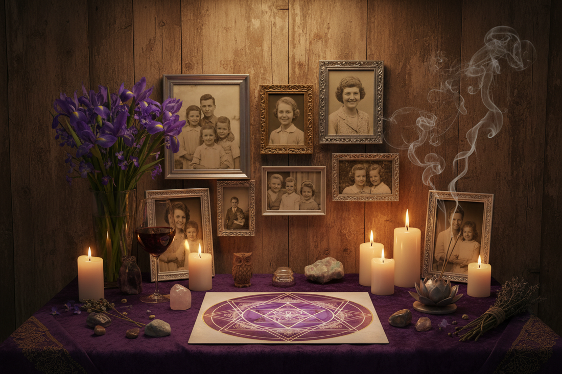Parentalia Altar: Violets, Wine, and Ancestor Photographs - Nicole's ritual universe